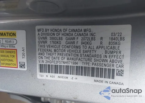 2022 Honda Civic Sport z USA, uszkodzony, nr VIN 2HGFE2F57NH571984